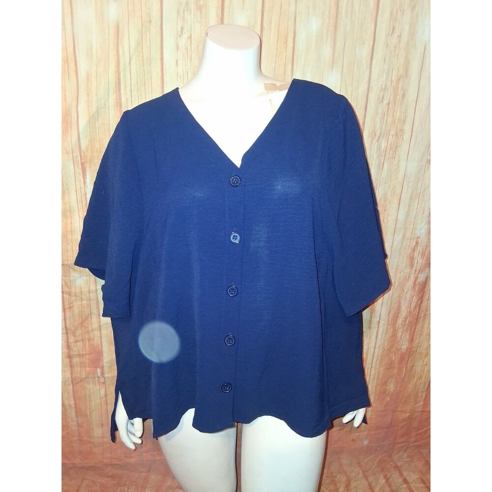89th & Madison Navy Short Sleeve V-neck Button Up Blouse Sz XL